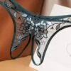 Kayleigh Crotchless Thong -Lingerie Boutique Shop unleashed kayleigh crotchless thong floral embroidery sexy lingerie green C